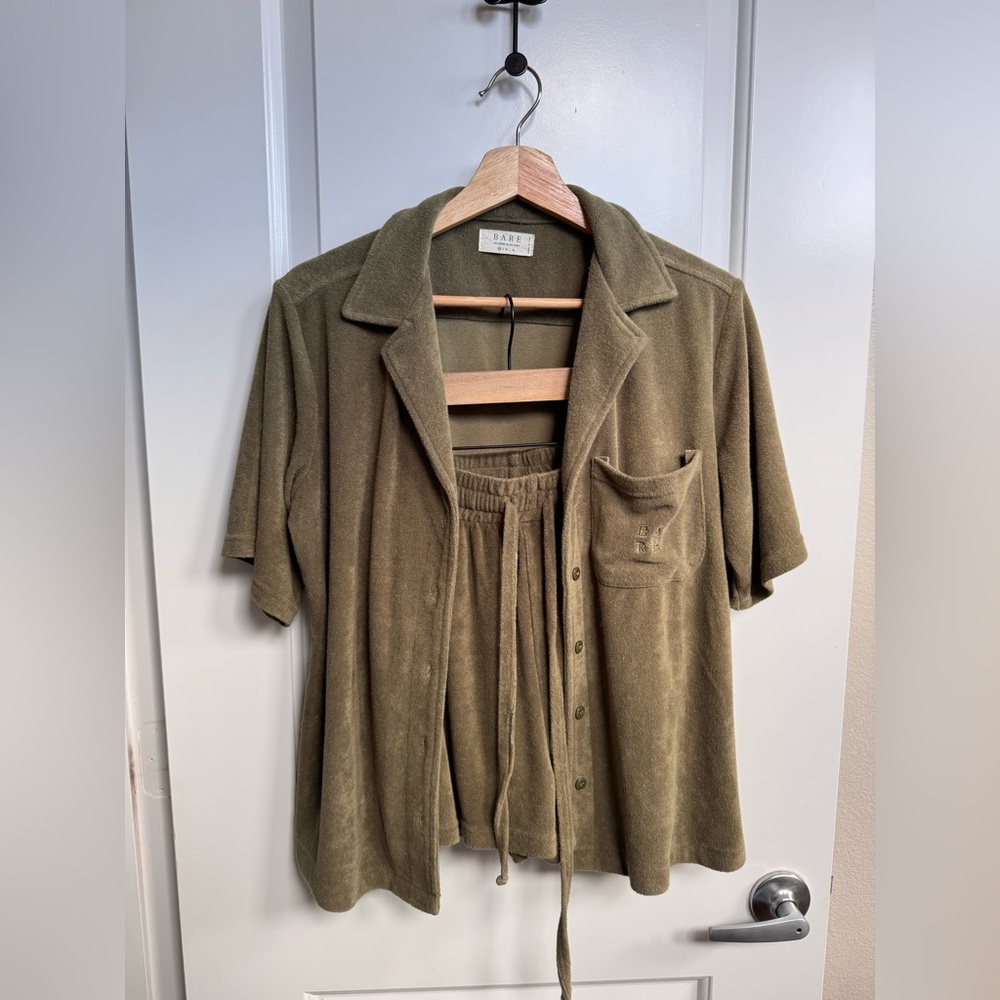 BARE by Charlie Holiday XS The Terry Toweling Shirt and Shorts in olive.